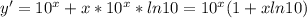 y' = 10^x+x*10^x*ln10 = 10^x(1+xln10)