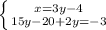 \left \{ {{x=3y-4} \atop {15y-20+2y=-3}} \right.