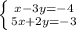 \left \{ {{x-3y=-4} \atop {5x+2y=-3}} \right.