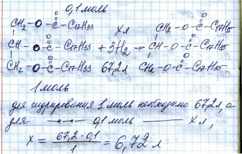 1) какой объем водорода (н.у) израсходуется на гидрирование триолетина количеством вещества 0,1 моль