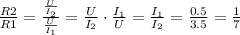 \frac{R2}{R1}=\frac{\frac{U}{I_2}}{\frac{U}{I_1}}=\frac{U}{I_2}}\cdot{\frac{I_1}{U}=\frac{I_1}{I_2}=\frac{0.5}{3.5}= \frac{1}{7} 