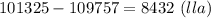 101325- 109757=8432\ (lla)