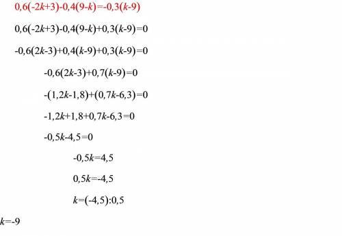 Решить уравнение 0,6*(-2к+3)-0,4*(9-к)=-0,3*(к-9)