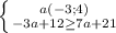 \left \{ {a(-3;4)} \atop {-3a+12\geq7a+21}} \right.