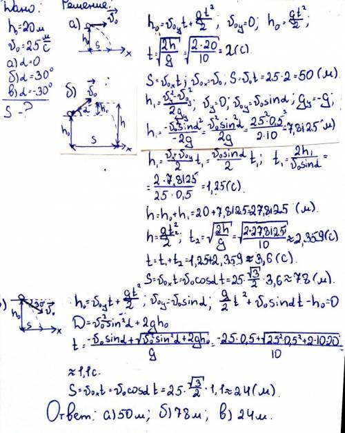 Мяч бросают с крыши, находящейся на высоте 20 м от поверхности земли. его начальная скорость25 м/с и
