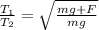 \frac{T_{1}}{T_{2}} = \sqrt{\frac{mg + F}{mg}}