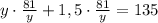 y\cdot\frac{81}{y}+1,5\cdot\frac{81}{y}=135