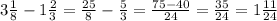 3\frac{1}{8}-1\frac{2}{3}=\frac{25}{8}-\frac{5}{3}=\frac{75-40}{24}=\frac{35}{24}=1\frac{11}{24}