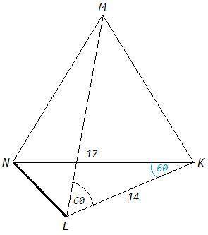 Впирамиде mnkl все грани являются остроугольными треугольниками при этом nk=17, lk=14, уголmlk=60. н