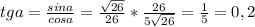 tga=\frac{sina}{cosa}=\frac{\sqrt{26}}{26}*\frac{26}{5\sqrt{26}}=\frac{1}{5}=0,2