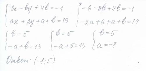 Пара чисел (-2; 3) является решением системы уравнений 3x-by+4b=-1 ax+2y+a+b=19 найдите значения a и