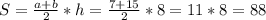 S=\frac{a+b}{2}*h=\frac{7+15}{2}*8=11*8=88