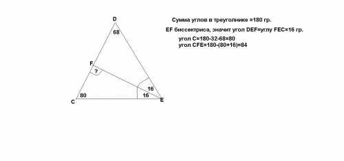 Втреугольнике cde проведена биссектриса ef ,угол d равен 68 градусов угол e равен 32 градуса .найдит