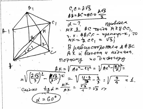 Вправильной треугольной призме abca1b1c1 стороны основания равны 2корень из 3 деленное на 3(не знаю 