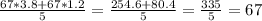 \frac{67*3.8+67*1.2}{5}=\frac{254.6+80.4}{5}=\frac{335}{5}=67