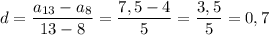 d=\dfrac{a_{13}-a_{8}}{13-8}=\dfrac{7,5-4}{5}=\dfrac{3,5}{5}=0,7