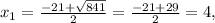 x_1=\frac{-21+\sqrt{841}}{2}=\frac{-21+29}{2}=4,