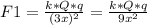 F1=\frac{k*Q*q}{(3x)^{2}}= \frac{k*Q*q}{9x^{2}} 