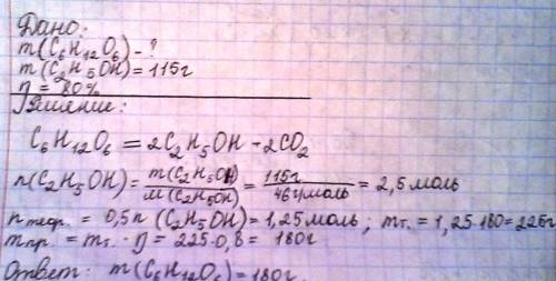 Масса глюкозы, при брожении которой получается 115 г этанола ( выход 80 %)