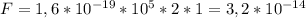 F=1,6*10^{-19}*10^{5}*2*1=3,2*10^{-14}