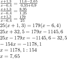 \frac{x+1,3}{x-6,4}=\frac{11,6-2,65}{0,35+0,9}\\\frac{x+1,3}{x-6,4}=\frac{8,95}{1,25}\\\frac{x+1,3}{x-6,4}=\frac{179}{25}\\25(x+1,3)=179(x-6,4)\\25x+32,5=179x-1145,6\\25x-179x=-1145,6-32,5\\-154x=-1178,1\\x=1178,1:154\\x=7,65