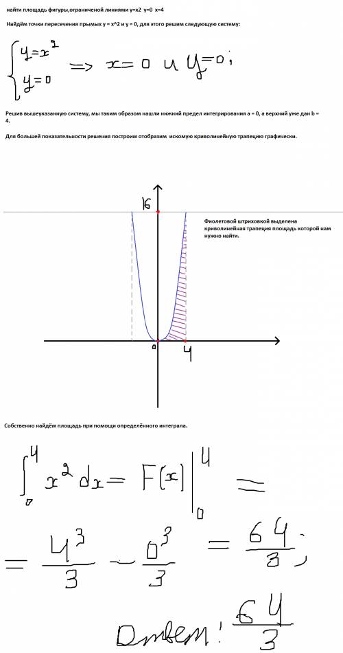 Найти площадь фигуры,ограниченой линиями у=х2 у=0 х=4
