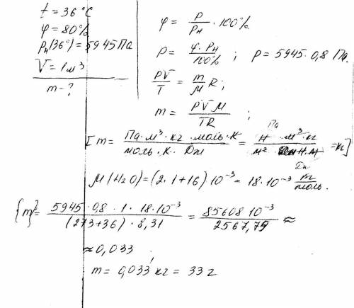 Относительная влажность воздуха при температуре 36 с равна 80%.давление насыщеного пара при этой тем