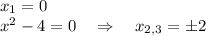  x_1=0\\ x^2-4=0~~~\Rightarrow~~~ x_{2,3}=\pm2 