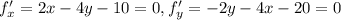 f'_x=2x-4y-10=0, f'_y=-2y-4x-20=0