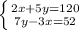 \left \{ {{2x+5y=120} \atop {7y-3x=52}} \right.