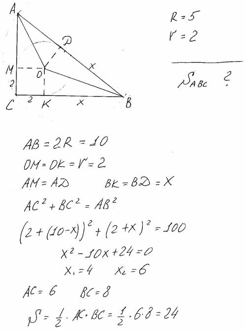 Радиус описанной около прямоугольного треугольника окружности равен 5, а радиус вписанной окружности