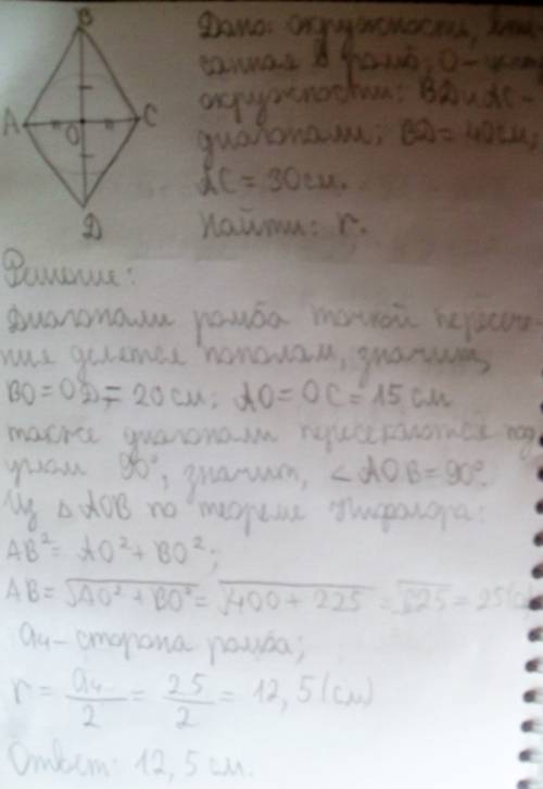 Диагонали ромба равны 30 см и 40 см. найдите радиус окружности, вписанной в ромб.( решите с рисунком