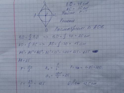 Диагонали ромба равны 30 см и 40 см. найдите радиус окружности, вписанной в ромб.( решите с рисунком