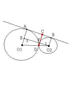 Две окружности радиусов r=3 и r=1 касаются внешним образом найдите расстояния от точки касания окруж