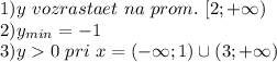 1) y\ vozrastaet \ na\ prom. \ [2; +\infty)\\ 2) y_{min} = -1\\ 3) y0\ pri\ x = (-\infty; 1) \cup (3; +\infty)