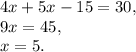 4x+5x-15=30,\\9x=45,\\x=5.