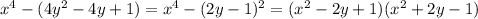  x^{4}-(4y^{2}-4y+1)= x^{4}-(2y-1)^{2}=(x^{2}-2y+1)(x^{2}+2y-1)