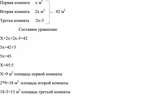 Квартира состоит из 3 комнат общей площадью 42 м2.первая комната по площади в 2 раза меньше второй, 