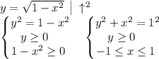 y=\sqrt{1-x^2 } \; \begin{vmatrix}\\ \end{matrix} \, \uparrow ^2 \\ \begin{Bmatrix}y^2 =1-x^2 \\ y\ge 0\quad \\ 1-x^2 \ge 0\; \end{matrix} \quad \begin{Bmatrix}y^2 +x^2 =1^2\\ y\ge 0\quad \\ -1\le x\le 1\; \end{matrix} 