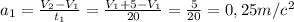 a_1=\frac{V_2-V_1}{t_1}=\frac{V_1+5-V_1}{20}=\frac{5}{20}=0,25 m/c^2