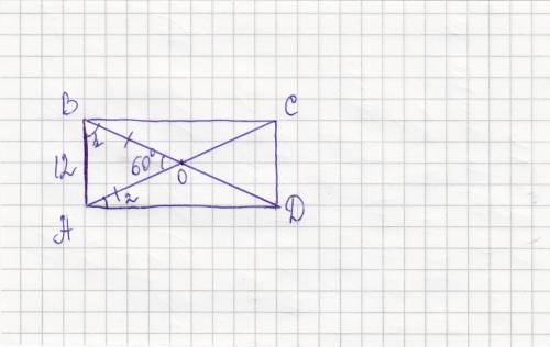 Меньшая сторона прямоугольника равна 12 см .найти длины если они пересикаються под углом 60 градусов