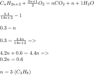 C_nH_{2n+2} + \frac{3n+1}{2}O_2 = nCO_2 + n+1H_2O\\ \\ \frac{4.4}{14n + 2} - 1\\ \\ 0.3 - n\\ \\ 0.3 = \frac{4.4n}{14n+2} =\\ \\ 4.2n+ 0.6 = 4.4n=\\ 0.2n = 0.6\\ \\ n = 3 \ (C_3H_8) 