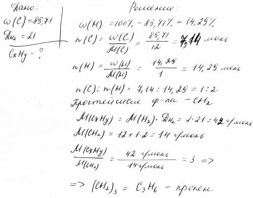 Относительная плотность углеводорода по водороду равна 21, массовая доля углерода составляет 85,71. 