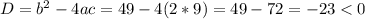  D=b^2-4ac=49-4(2*9)=49-72=-23<0