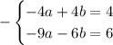 -\begin{cases} -4a+4b=4\\-9a-6b=6\end{cases}