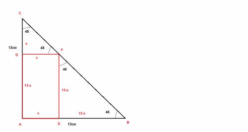 Вравнобедренный прямоугольный треугольник с катетом 13 см вписан прямоугольник который имеет общий у