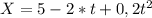 X = 5 - 2*t + 0,2 t^{2} 