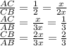  \frac{AC}{CB} = \frac{1}{2} = \frac{x}{2x} &#10;\\\&#10; \frac{AC}{AB} = \frac{x}{3x} = \frac{1}{3} &#10;\\\&#10;\frac{CB}{AB} = \frac{2x}{3x} = \frac{2}{3} 