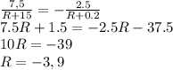  \frac{7,5}{R+15} =- \frac{2.5}{R+0.2} &#10;\\\&#10;7.5R+1.5=-2.5R-37.5&#10;\\\&#10;10R=-39&#10;\\\&#10;R=-3,9