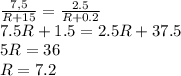  \frac{7,5}{R+15} = \frac{2.5}{R+0.2} &#10;\\\&#10;7.5R+1.5=2.5R+37.5&#10;\\\&#10;5R=36&#10;\\\&#10;R=7.2